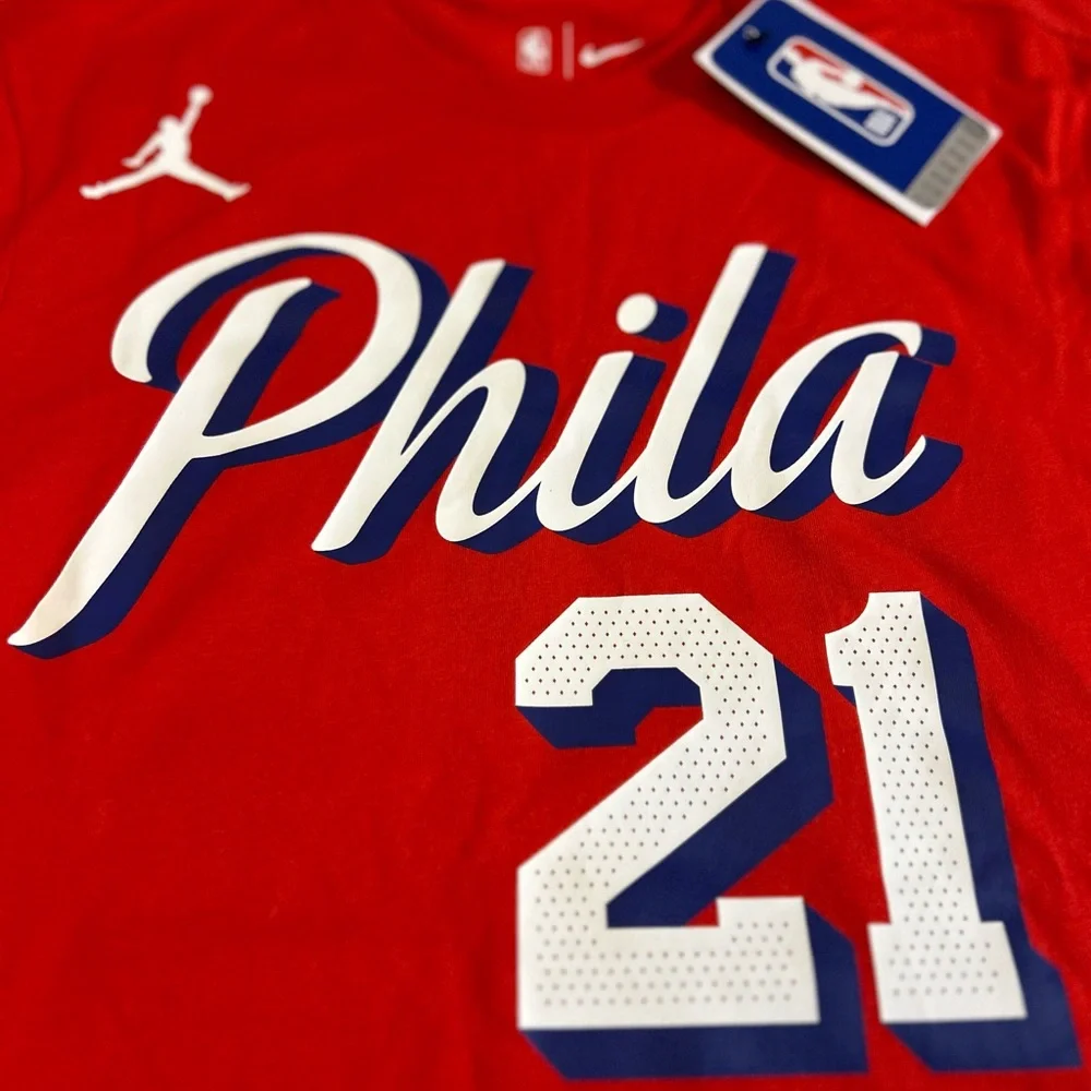 NEW Jordan Brand Philadelphia 76ers Joel Embiid Red Short Sleeve Cotton Men’s XS